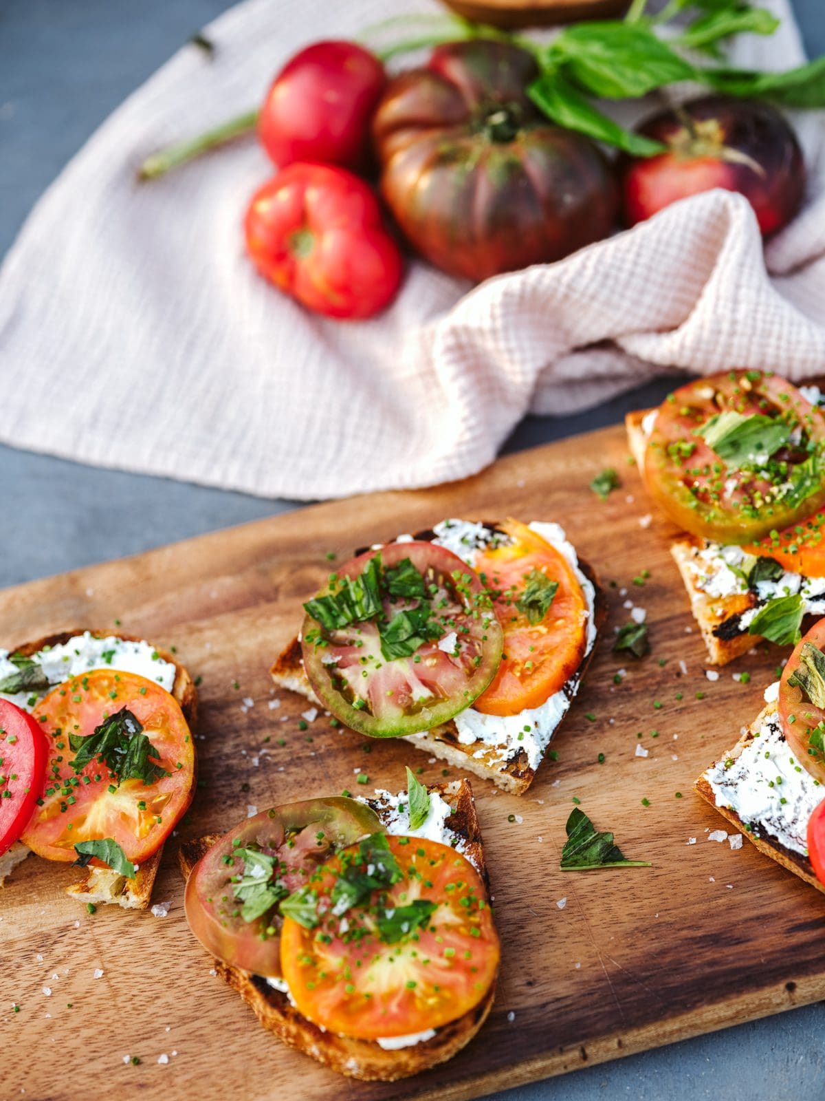 Sliced Tomato Tartines with Labneh and Fresh Herbs