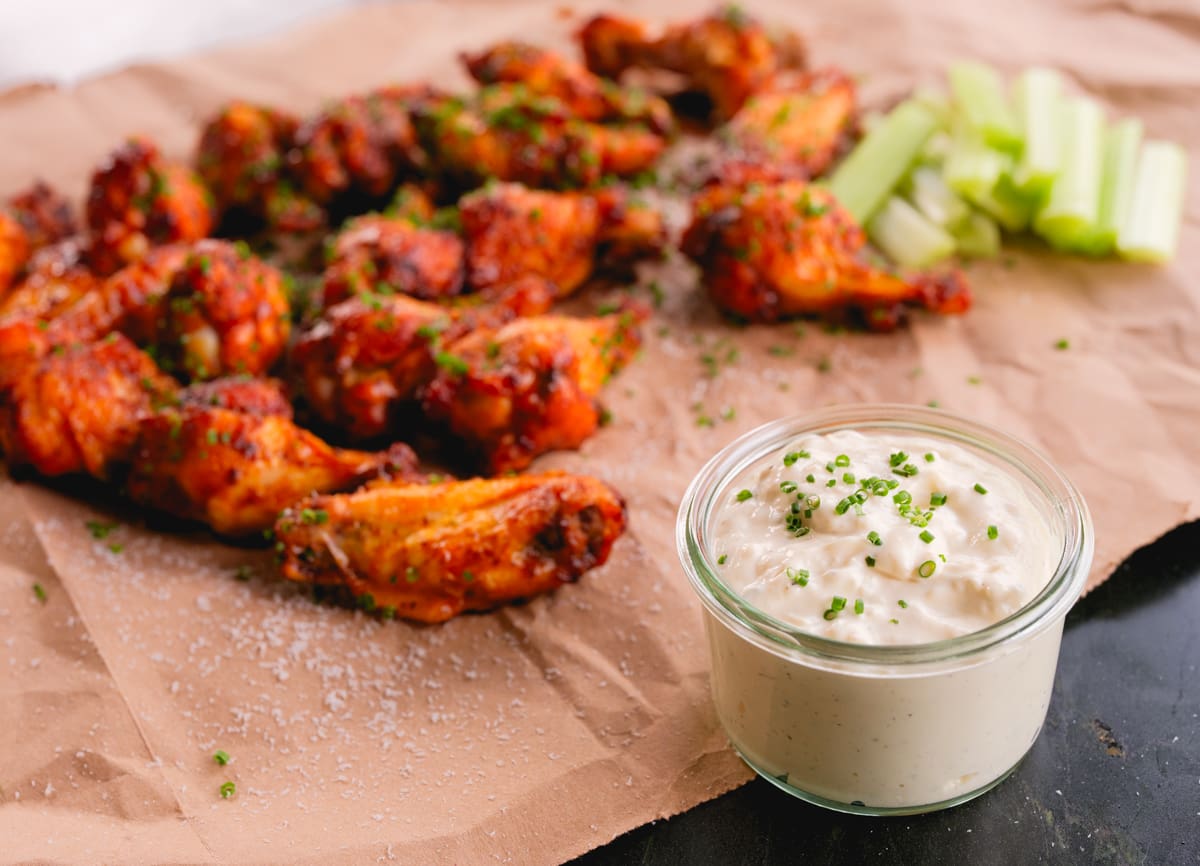 Roasted Buffalo Chicken Wings with Blue Cheese Dressing